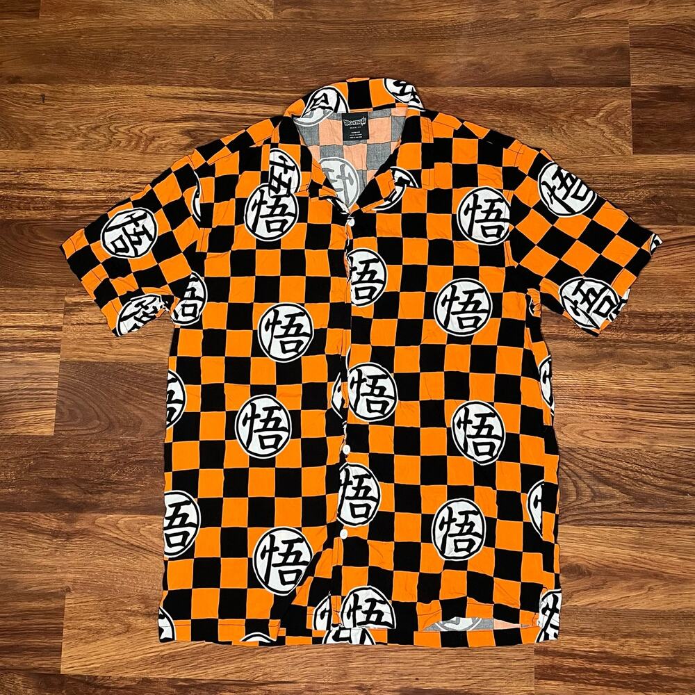 Dragon Ball Z Button Up Shirt Orange Black Checkered Kanji Anime